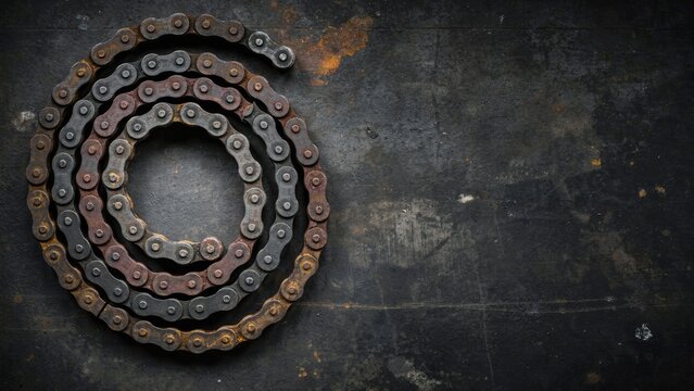 Coiled metal roller chain on a dark, weathered industrial surface