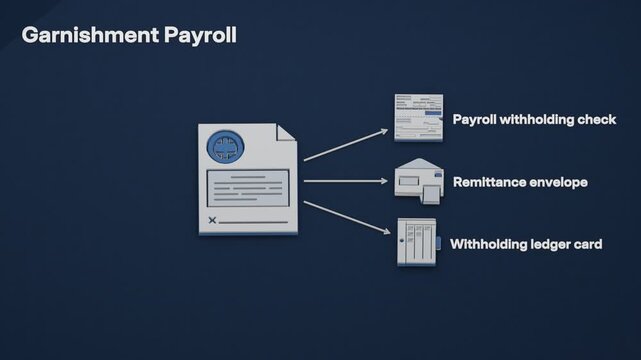 A court garnishment order directs payroll to withhold wages, remit funds to the creditor and record the deduction in a ledger. Flat 3D style; objects labelled in English.