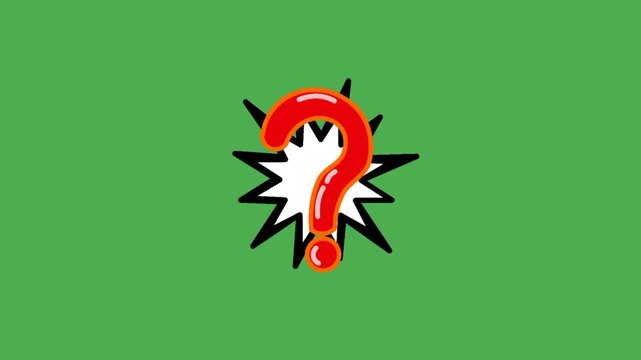 Animated pop art comic question mark isolated on a bright green screen background, featuring a bold and playful visual style.
