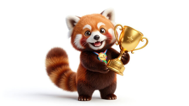 A jubilant red panda stands proudly holding a gleaming golden trophy against a clean white backdrop