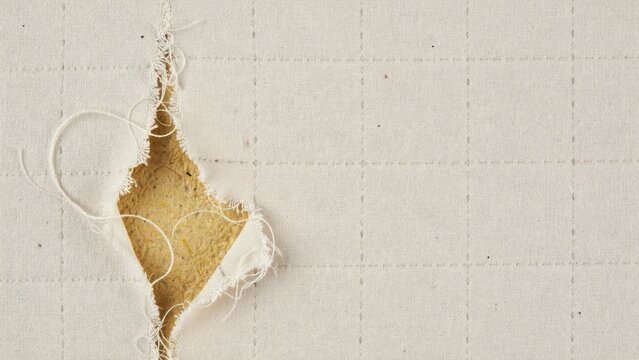 Close-up of torn off-white quilted fabric revealing yellow foam underlay