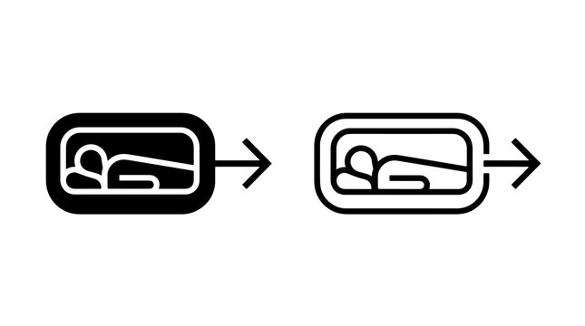 Minimalist capsule hotel bed icon featuring person sleeping with directional exit arrow symbol