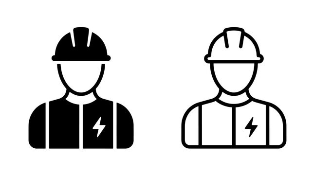Minimalist electrician icon vector featuring hardhat and lightning symbol in black outline