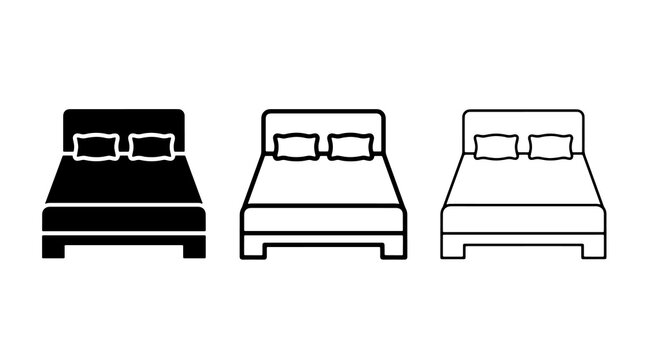 Minimalist bed icon set featuring solid and outline furniture symbols for interior design