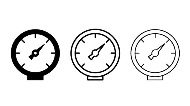 Minimalist pressure gauge icon set featuring black linear and solid styles for dashboard