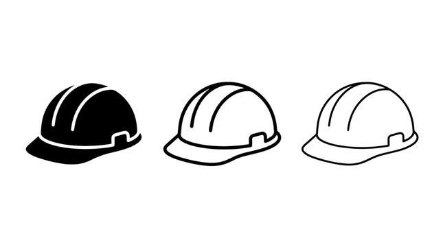 Minimalist hard hat icon set featuring black outline and silhouette construction safety gear