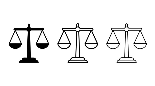 Minimalist balance scale vector icons set featuring solid and outline legal symbols