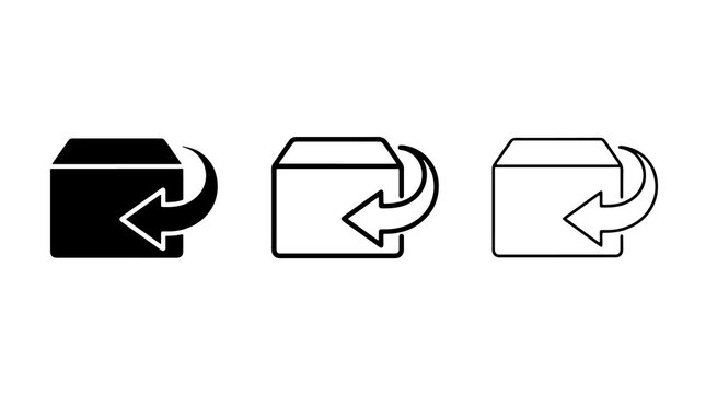Minimalist return package icon set featuring black shipping box symbols with directional arrows