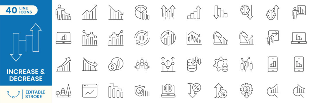 Increase decrease business and financial analytics icon set. Featuring growth charts, rising and falling arrows, market trends, statistics, performance, revenue and data symbols. Editable stroke