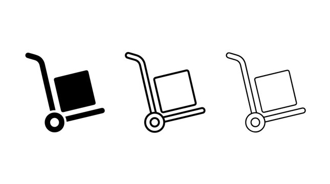 Minimalist hand truck vector icons showing delivery trolley with loaded parcel box