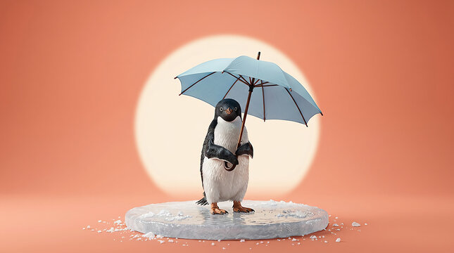 penguin standing on a small platform holding a blue umbrella in a studio setting with copy space