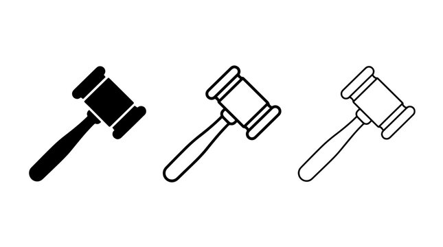 Minimalist legal gavel icons set featuring solid and outline vector styles