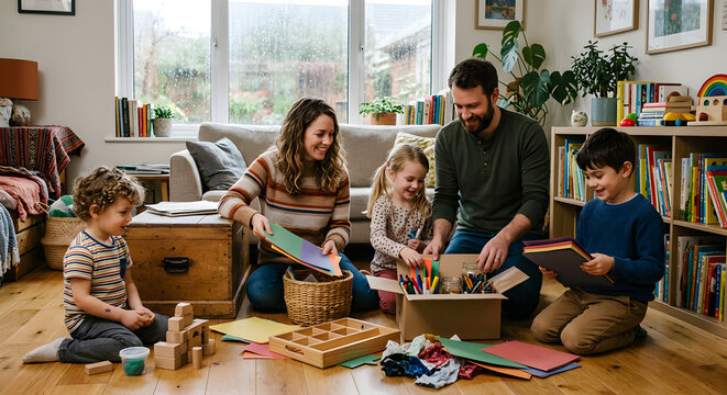 Family Organizing Children's Craft Supplies Together at Home