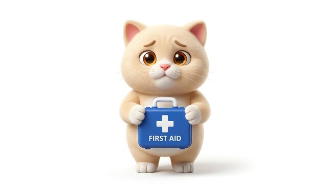 A cute cartoon cat character is holding a first aid kit looking worried and needing assistance