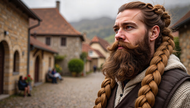 Medieval man with braided beard in rustic village, World Beard Day
