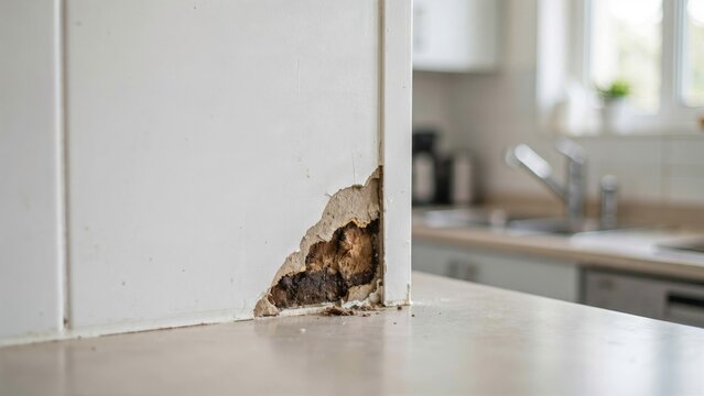 Damaged white kitchen wall corner with exposed plaster and debris