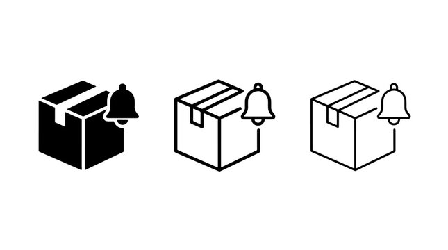 Minimalist package box with notification bell icon set in black outline style