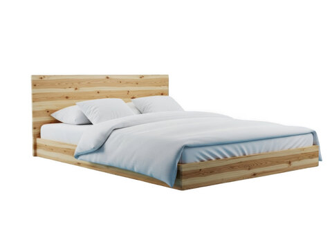 Minimalist wooden bed frame with white linens, modern solid wood platform bed, contemporary bedroom furniture isolated on white background