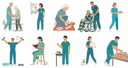 Fototapeta premium Set of flat vector illustrations depicting various tasks performed by professional caregivers and nurses in healthcare and elderly care settings.