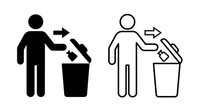 Minimalist black recycling icon showing person throwing trash into bin with arrow