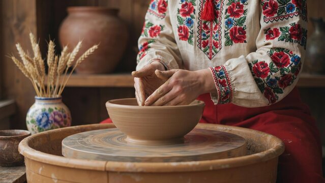 Person in traditional embroidered blouse shaping a clay bowl on a pottery wheel