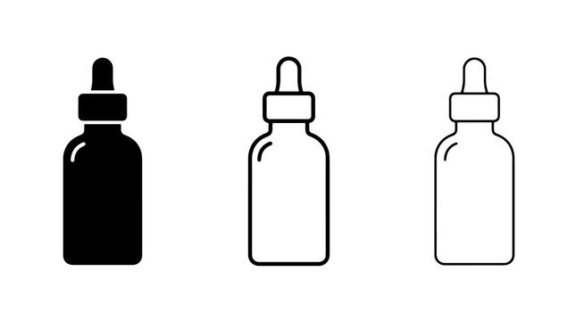 Minimalist dropper bottle icon set in black outline style for medical and cosmetic design