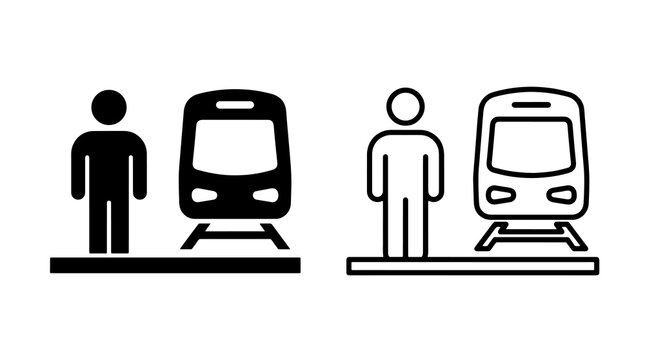 Minimalist train station icons depicting passenger standing on platform with rail transport vector