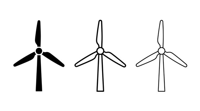 Minimalist wind turbine vector icons set featuring clean black outlines for clean energy