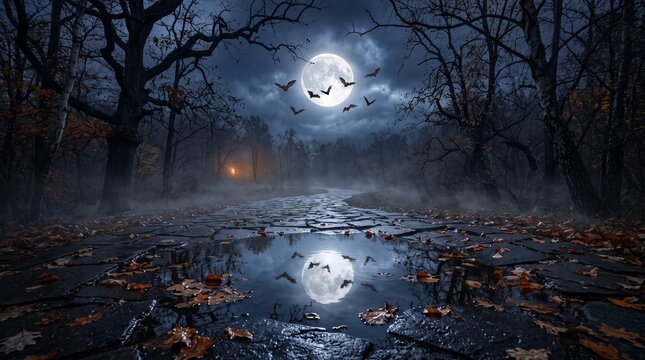 Atmospheric Halloween night scene with bats flying across a full moon above a wet pathway with autumn leaves and reflections.