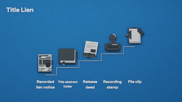 A recorded lien encumbers the parcel title until the release deed is filed and the abstract clears through successive recording stages. Flat 3D style; objects labelled in English.