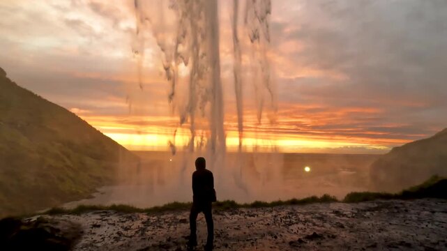 Man Silhouette walks into Seljalandsfoss as the setting sun glows through the falling water, Iceland