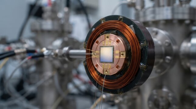 Macro shot of an ultrathin material layer on a silicon wafer within a magnetic field coil, showing emergent domain patterns in a materials science lab.