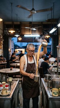 Old uncle pulling teh tarik at kopitiam