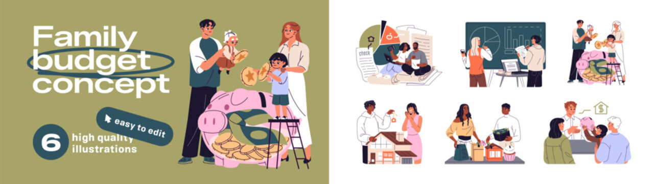 Family budget concept set. Financial plan and economy for kids. People invest money and manage their family finances. Benefits and tax payment. Management of money. Piggy back for kids savings