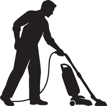 Person vacuuming floor cleaning home housekeeping service solid black vector silhouette.