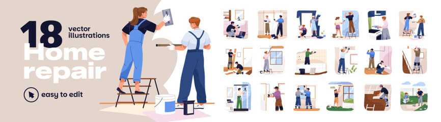 Fototapeta na wymiar Home repair set. Workers repair houses. Handymen and builders install plumbing, floor, tile and windows. Painters renovate apartments. Men work in home maintenance service. People building house