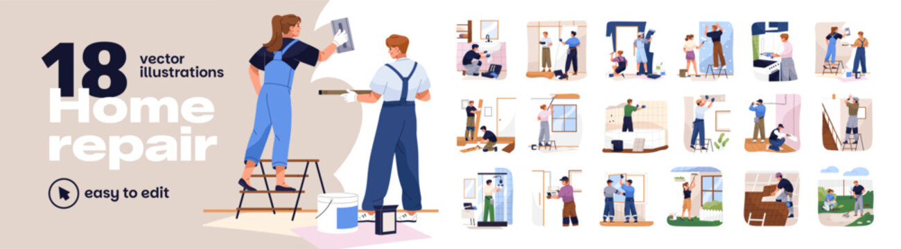 Home repair set. Workers repair houses. Handymen and builders install plumbing, floor, tile and windows. Painters renovate apartments. Men work in home maintenance service. People building house