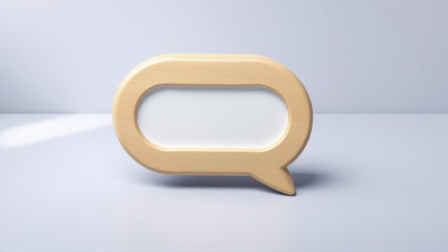 Golden speech bubble rests upon surface. Minimalist design, soft lighting creates subtle shadow. Clean aesthetic, simple composition.