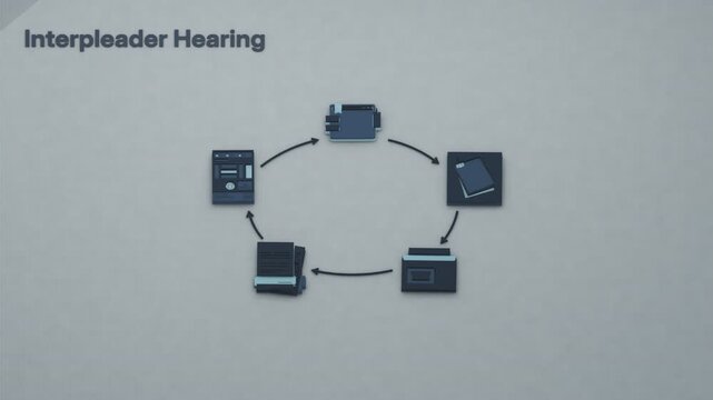 Interpleader brings stakeholder filing, service on claimants, objections, a hearing and a distribution order into one standing procedure for disputed funds. Flat 3D style; an English title card.