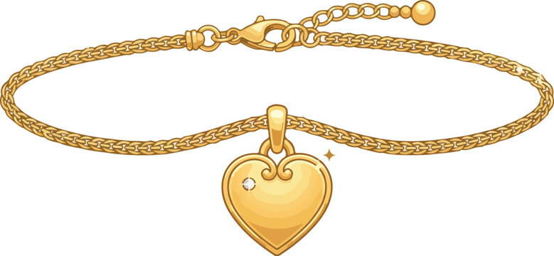 Gold bracelet with heart pendant resting on white background