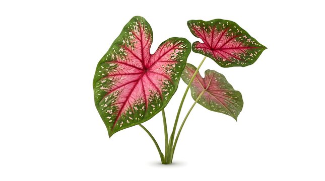 Caladium plant with vibrant pink and green heart shaped leaves.