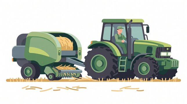 tractor pulling a round hay baler collecting crop straw on agricultural farm field equipment harvesting hay and making bales vector illustration isolated on white background 