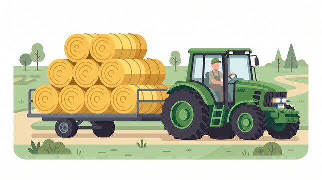 tractor pulling a round hay baler collecting crop straw on agricultural farm field equipment harvesting hay and making bales vector illustration isolated on white background 