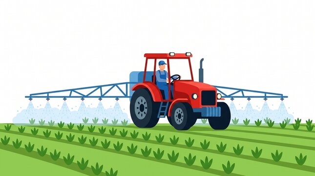 Farm tractor spraying water of liquid pesticide and fertilizer chemicals pest plant on agricultural crop field vector illustration