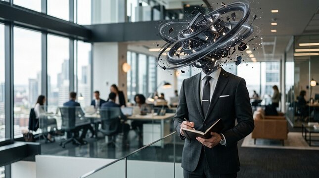Businessman with exploding abstract head in modern office