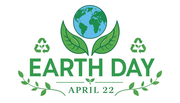 Earth day concept with globe leaves and recycling symbols on white background april 22