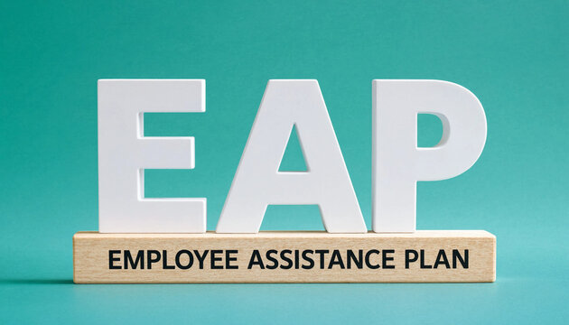 EAP employee assistance plan concept with white letters on wooden base against teal background