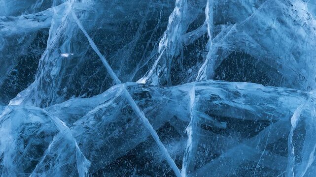 Beautiful natural blue ice texture of surface of frozen Baikal Lake in cold winter day. Nature abstract pattern of white cracks. Winter seasonal background, mock up, flat lay, Christmas blank