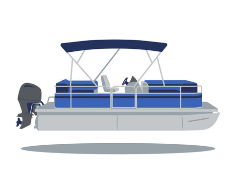 Modern Blue Pontoon Boat with Bimini Top and Outboard Motor Vector Illustration Isolated on White