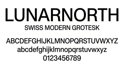 Fototapeta premium Modern Swiss Grotesk Sans Serif Font Specimen with Alphabet and Numbers